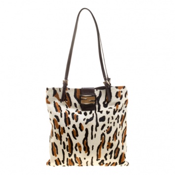 Pre Owned Fendi White Leopard Print Calfhair Shoulder Bag