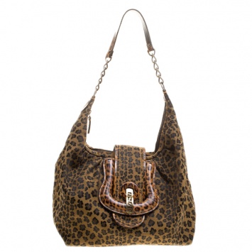 Pre Owned Fendi Brown/Black Leopard Print Canvas B Buckle Hobo