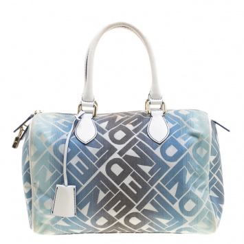 Pre Owned Fendi Blue /White Logo Print Canvas Boston Bag