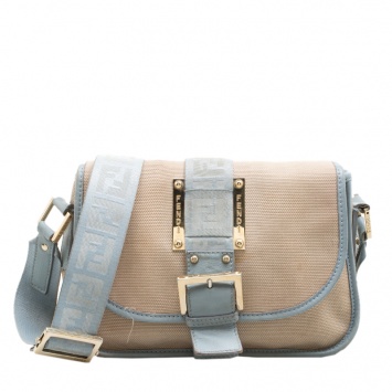 Pre Owned Fendi Beige/Light Blue Canvas and Leather Crossbody Bag