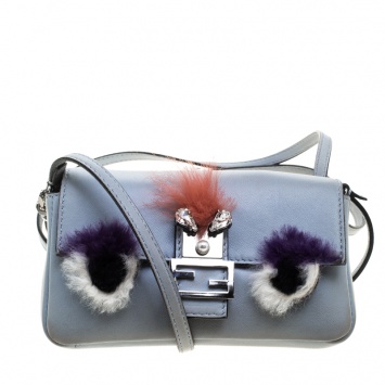 Pre Owned Fendi Light Blue Leather and Fur Trim Micro Baguette Shoulder Bag