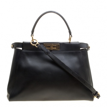 Pre Owned Fendi Black Leather Small Peekaboo Tote