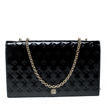 Pre Owned Fendi Black Patent Leather Fendilicious Wallet On Chain