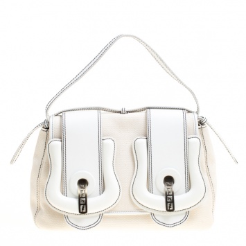 Pre Owned Fendi Beige/White Canvas and Leather B Shoulder Bag
