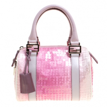 Pre Owned Fendi Pink Zucchino Canvas and Sequins Mini Forever Bauletto Boston Bag