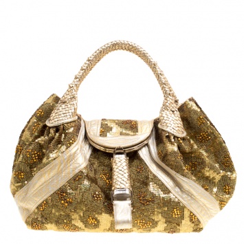 Pre Owned Fendi Gold Leather Beads and Sequin Limited Edition 9/10 Spy Bag