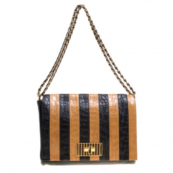 Pre Owned Fendi Black/Brown Croc Embossed Pequin Stripped Leather Large Claudia Shoulder Bag 