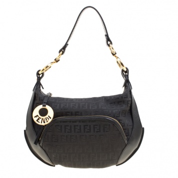 Pre Owned Fendi Black Zucchino Canvas Front Pocket Shoulder Bag