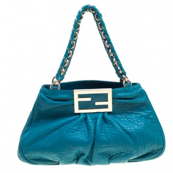 Pre Owned Fendi Turquoise Grained Leather Small Mia Tote