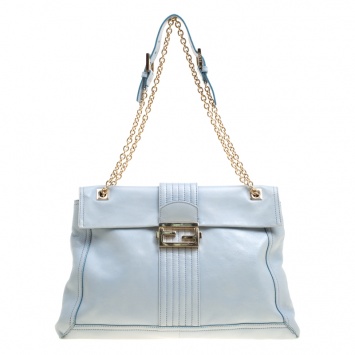 Pre Owned Fendi Tale Blue Leather Maxi Baguette Flap Shoulder Bag