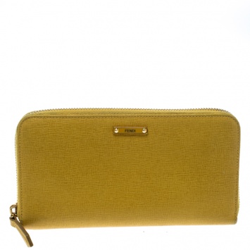 Pre Owned Fendi Yellow Leather Zip Around Wallet 