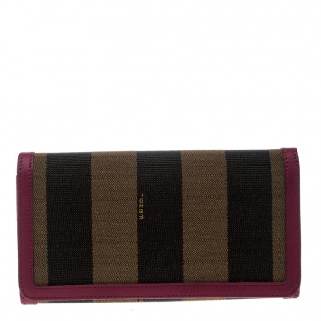 Pre Owned Fendi Brown/Burgundy Pequin Canvas and Leather Continental Wallet