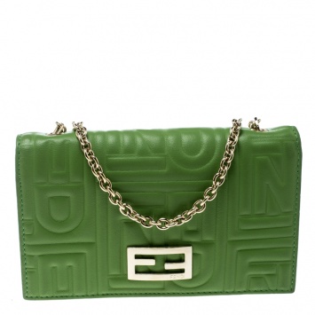 Pre Owned Fendi Green Embossed Leather Chain Wallet