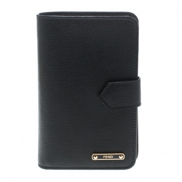 Pre Owned Fendi Black Leather Compact Zip Wallet