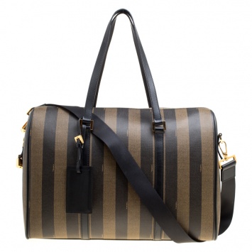 مملوكة مسبقًا Fendi Black and Tobacco Striped Coated Canvas Spalmati Duffel Bag