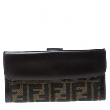 Pre Owned Fendi Tobacco/Brown Zucca Canvas and Leather Continental Wallet 