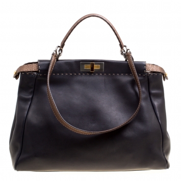 مملوكة مسبقًا Fendi Black/Bronze Seleria Leather Large Peekaboo Top Handle Bag