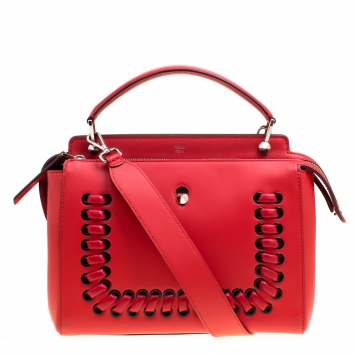 Pre Owned Fendi Red Leather Whipstitch Dotcom Top Handle Bag