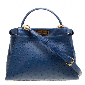 Pre Owned Fendi Blue Leather Medium Peekaboo Top Handle Bag