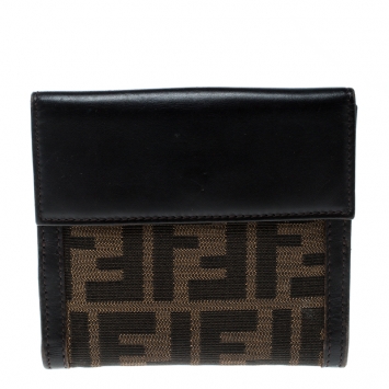 Pre Owned Fendi Tobacco Zucca Canvas and Leather Compact Wallet