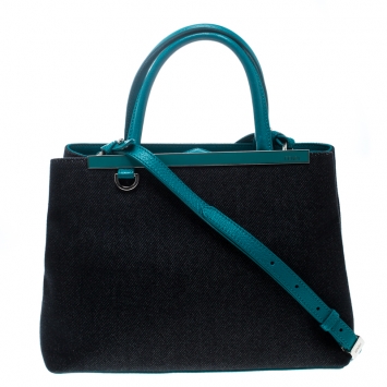 Pre Owned Fendi Blue/Green Denim and Leather Petite 2Jours Top Handle Bag
