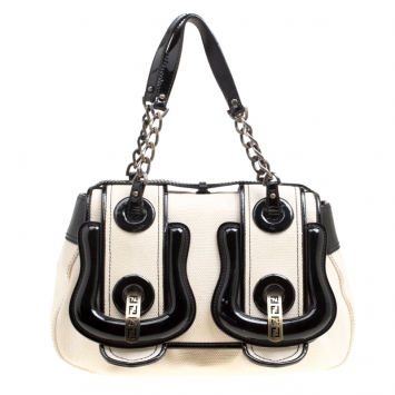 Pre Owned Fendi Beige/Black Canvas and Patent Leather B Shoulder Bag