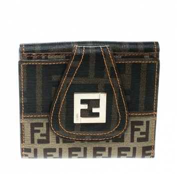 Pre Owned Fendi Beige/Brown Zucca Coated Canvas Compact Wallet