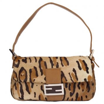 Pre Owned Fendi Brown Leopard Print Pony Hair Baguette Shoulder Bag