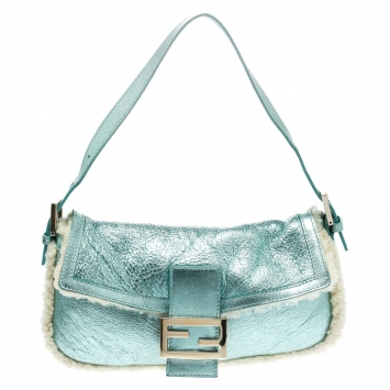 Pre Owned Fendi Metallic Green Leather and Fur Lining Mini Mama Baguette Shoulder Bag