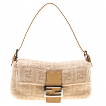 Pre Owned Fendi Beige Zucca Wool/Leather Baguette Shoulder Bag