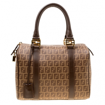 مملوكة مسبقًا Fendi Brown Zucchino Coated Canvas Small Forever Bauletto Boston Bag