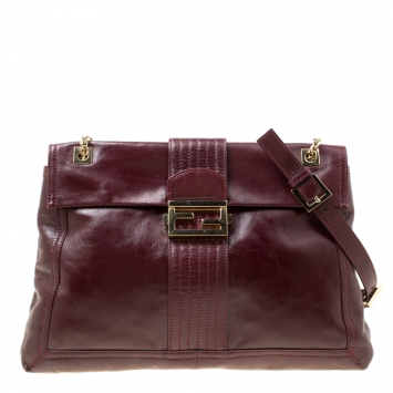 Pre Owned Fendi Burgundy Leather Maxi Baguette Flap Shoulder Bag