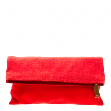 Pre Owned Fendi Red Zucca Fabric Fold Over Clutch