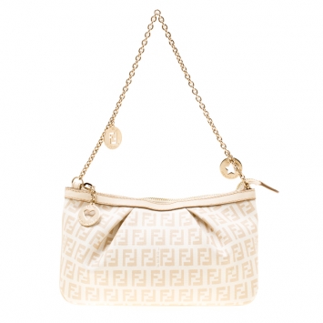 Pre Owned Fendi White/Beige Zucchino Coated Canvas Baguette Chain Shoulder Bag