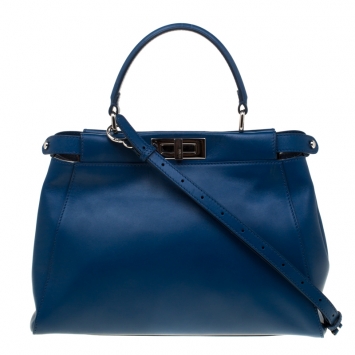Pre Owned Fendi Blue Leather and Calfhair Lining Medium Peekaboo Top Handle Bag