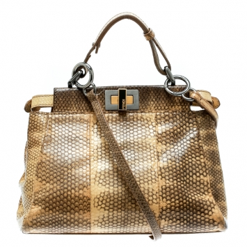 Pre Owned Fendi Beige Python and Python Lining Mini Peekaboo Top Handle Bag