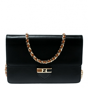 Pre Owned Fendi Black Leather Continental Wallet On Chain