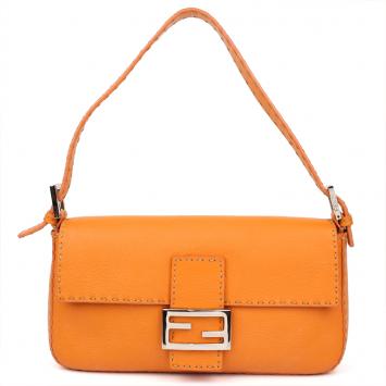 Pre Owned Fendi Orange Selleria Leather Baguette Shoulder Bag