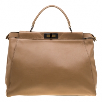 Pre Owned Fendi Light Brown Leather with Snakeskin Lining Large Peekaboo Tote