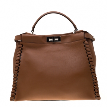 Pre Owned Fendi Brown Leather Large Lace Up Peekaboo Top Handle Bag