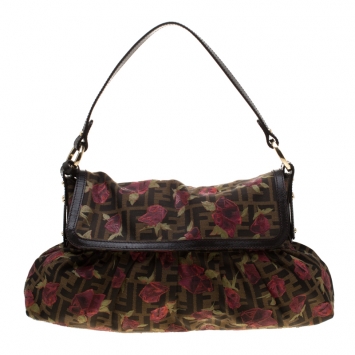 Pre Owned Fendi Tobacco Canvas Rose Print Zucca Shoulder Bag