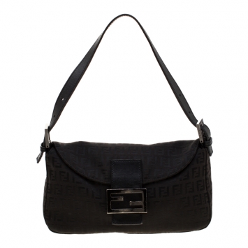 Pre Owned Fendi Black Zucchino Canvas and Leather Mama Baguette Shoulder Bag