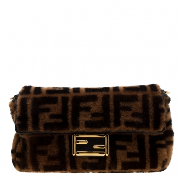 Pre Owned Fendi Brown Zucca Shearling and Leather Baguette Shoulder Bag