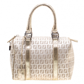 Pre Owned Fendi Gold Metallic Zucchino Canvas and Leather Small Forever Bauletto Boston Bag