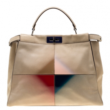 Pre Owned Fendi Beige Airbrushed Suede and Leather Large Peekaboo Top Handle Bag