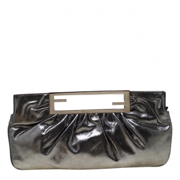Pre Owned Fendi Grey Metallic Leather Cutout Handle Clutch