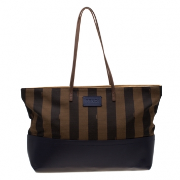 Pre Owned Fendi Tobacco/Blue Pequin Striped Canvas and Leather Roll Tote