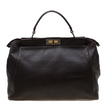 Pre Owned Fendi Dark Brown Leather Large Peekaboo Top Handle Bag