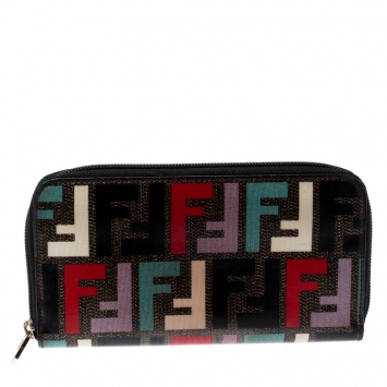 Pre Owned Fendi Multicolor Zucca Coated Canvas Zip Around Wallet