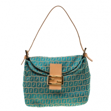 Pre Owned Fendi Teal Zucchino Canvas Mama Baguette Shoulder Bag